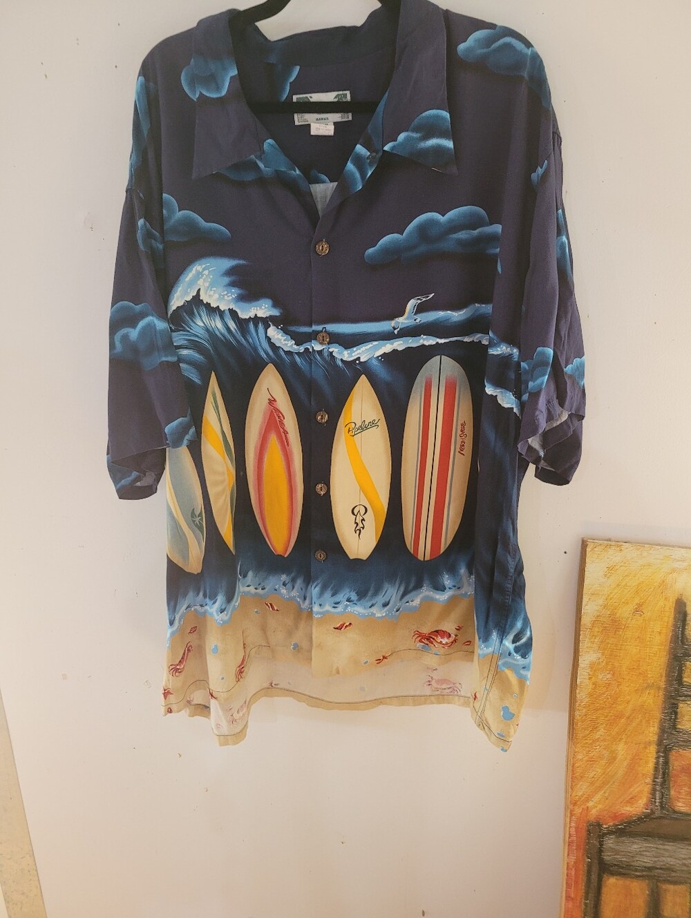 VTG Kamehameha 3X Surfboard Print Hawaiian Shirt - Navy Blue
